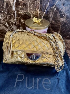 PURE Collection-Gold-Snake Textured Quilted Leather-Shoulder/Crossbody Bag-EUC